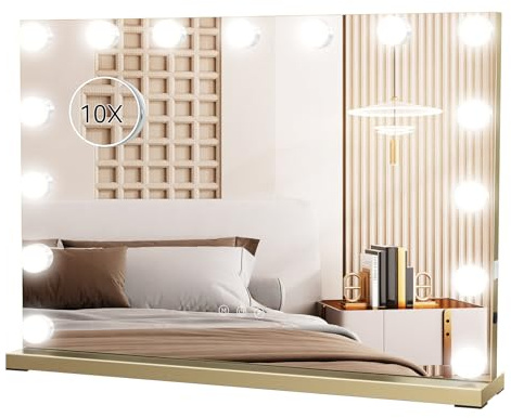 eklipt Schminkspiegel mit Beleuchtung 58x46cm Hollywood Spiegel mit 15 LED | Kosmetikspiegel 3 Lichtfarben mit USB 10X Vergrößerung Touch Control Tischplatte & Wandhalterung Gold