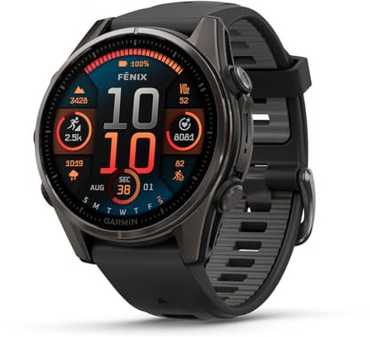 Garmin fēnix® 8 – 43mm, AMOLED, Sapphire, Premium Multisport GPS Smartwatch, Long-Lasting Battery Life, Dive-Rated, Built-in LED Flashlight, Carbon Gray DLC Titanium with Pebble Gray Band