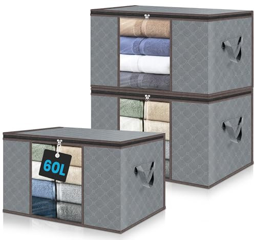 unycos - 3 Pezzi | Scatole per Vestiti 60L, Tessuto con Finestra Trasparente 55x35x32 cm, Scatole/Borsa Pieghevoli, Organizzatore Sotto il Letto per Piumini, Asciugamani, Cuscini (Grigio/Marrone)