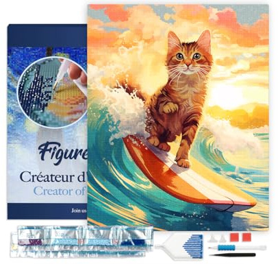 Figured'Art Diamond Painting Erwachsene 40x50cm Mit Rahmen Ganze Leinwand gespannt Surfende Katze 5D Bilder Eckige Steine - DIY Set Basteln