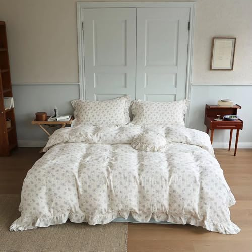 BuLuTu Chic Shabby Vintage Floral Duvet Cover Twin for Kids Girls Boys 100% Cotton Muslin Ruffled Quilt Cover Twin, 68x86, Freesia Print, Soft Breathable, Zipper Closure, No Pillowcase