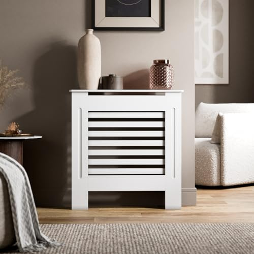 RADIANT LIVING Radiator Cover Horizontal Slat Design, Modern White MDF Radiator Cabinet for Living Room & Bedroom, Small 78 x 81.5 x 19cm
