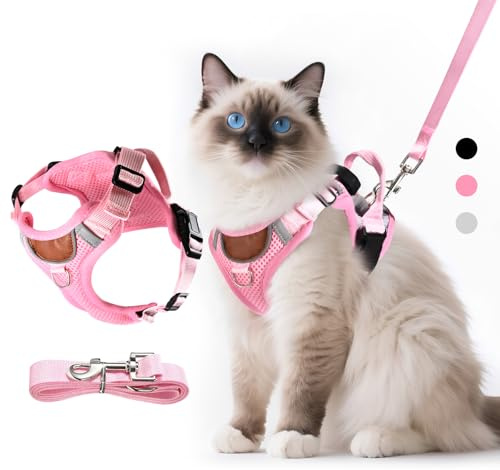 LUOJINYI Pettorina per gatti regolabile con guinzaglio, antirottura per gatti, con strisce riflettenti e tessuto a rete traspirante, per gattini, cuccioli (Rosa, M)