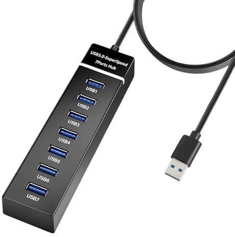 Hub USB 3.0 7 Ports avec Câble 1.2m pour PC Bureau - Hub Alimenté avec Port USB-C Multiple - Transmission 5Gbps - Charge Rapide - Rallonge USB Multiport pour Laptop M-acBook Souris Clavier Disque U