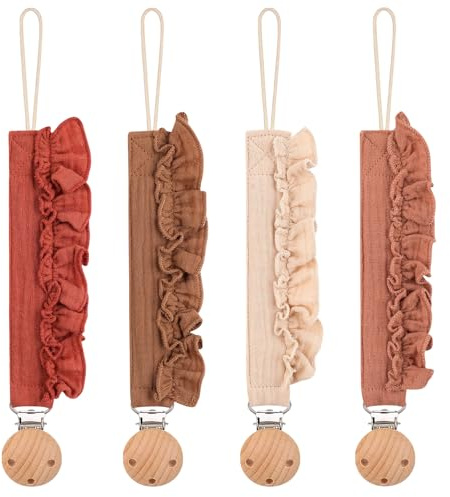 4 x weiche Baumwoll- und Holz-Clip-Ketten für Babys, dekoratives Spitzen-Design, leichtes Zahnzubehör, tragbare Neugeborenenkette