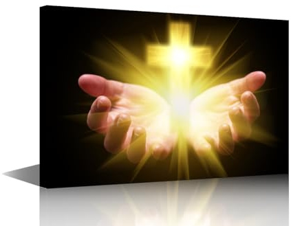 TUMOVO Canvas Wall Art Hands Gently Cupped Holding a Sacred Cross or Crucifix Christian Catholic Faith Symbol Large Inspirational Wall Decor for Home Chapel Prayer Room(36 Wx24 H)