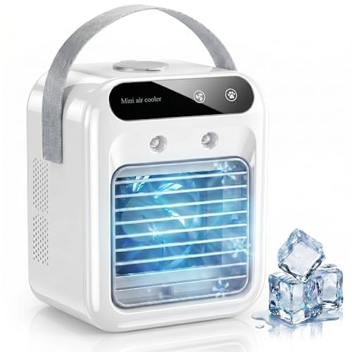 Yorflowe Portable Air Cooler, Mini Air Conditioner with 1800mAh Battery & Handle, 500ml Water Tank, 3-in-1 Evaporative Cooler & Humidifier, Quiet Air Cooler fan for Bedroom, Office & Camping, White