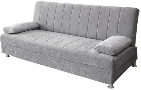 amuéblate Online - Sofá Cama Clic Clac Tipo Libro de 3 Plazas Modelo Kayle con Arcón de Almacenaje y Cojines Decorativos, Diseño Moderno, Práctico y Funcional, Gris