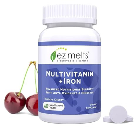 EZ Melts Multivitamin + Iron - Daily Multivitamin for Women & Men - Supports Healthy Energy Levels & Antioxidant Protection - Non-GMO & Vegan - Tropical Cherry - 60 Dissolvable Tablets (30 Servings)