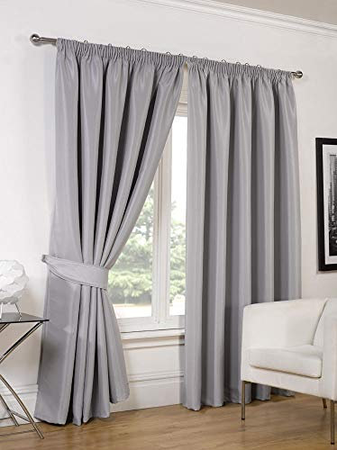 RAYYAN LINEN Thermal Pencil Pleat Blackout Tape Top Pair of Curtains With Free Tiebacks (66 X 72, Silver)