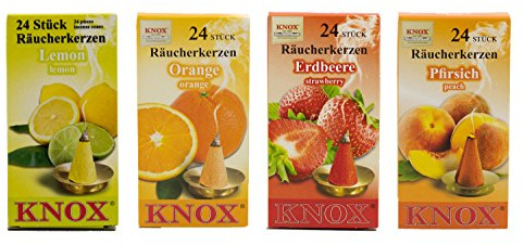 KNOX Räucherkerzen - 4er Set Größe M - Früchte - Lemon, Orange, Erdbeere, Pfirsich - 4x24 Stück - Made in Germany
