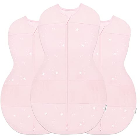 happiest baby Sleepea Pucksack 5-Sekunden-Wickeltuch, 100% Bio-Baumwolle, von Ärzten entworfen fördert gesunde Hüftentwicklung - 3er-Pack Newborn Bundle (Sterne Hellrosa, 2 x Small, 1 x Medium)