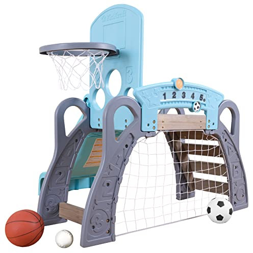 KidKraft 5-in-1 Sport Klettergerüst für Kleinkinder mit Rutsche, Fußballtor, Basketballkorb und 3 Bällen, Spielplatz drinnen und draußen, Kletterbogen, Spielzeug für Kinder, 20193
