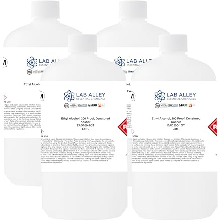 Lab Alley Denatured Ethanol 200 Proof, Kosher Certified, Halal, GMO-Free, Great to Use for Fuel, Heating, and Cleaning - 1 Gallon Total (Pack of 4 x 1 Quart Bottles)