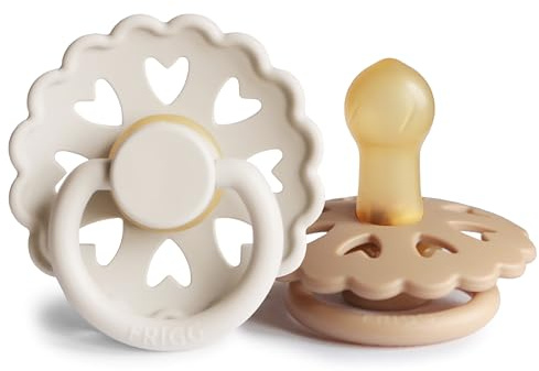 FRIGG Fairytale Latex Pacifier Pack of 2 | Natural Rubber Soother Dummy | BPA-Free | Made in Denmark | Symmetrical Cherry Shaped Nipple (Cream/Silky Satin, Size 1 (0-6 Months))