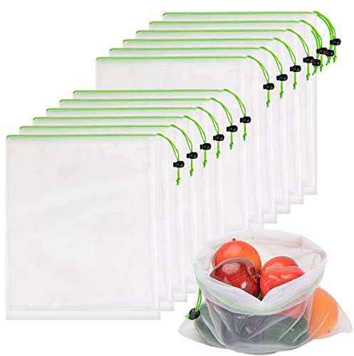 JSVSLTD Set of 12 Reusable Mesh Produce Bags - Medium (12x14) - Green - Polyester - Washable - Drawstring Closure