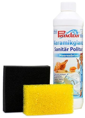 PASTACLEAN® Sanitärpolitur Keramikglanz (Meeresbrise) - Badreiniger - Für Waschbecken, Armaturen, Dusche, Toiletten, 750ml inkl. Schwämme
