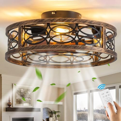KZT Deckenventilator mit Beleuchtung und Fernbedienung Leise Ventilator Deckenleuchte Vintage Industrial Wohnzimmerlampe E27 Retro Käfig Fan Deckenlampe für Wohnzimmer Schlafzimmer Küche Lüfter Licht