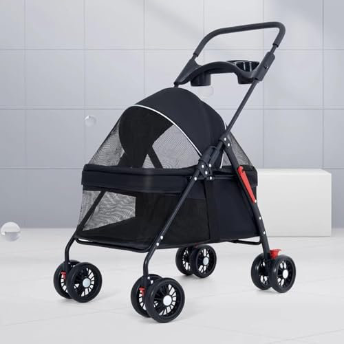 VECNUM Haustier Kinderwagen, Hundebuggy Bis 15 Kg Klappbar, Haustier-Kinderwagen, Faltbar, Atmungsaktiv Und Sichtbares Netz Für Ganzjähriges Zusammenklappen Mit Einem klick,Schwarz