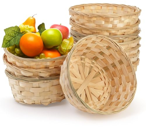 TOPZEA 10 Pack Round Gift Baskets, 8 Inch Natural Bamboo Woven Fruit Basket, Small Wicker Bread Roll Serving Basket, Food Storage Bin Handmade Baskets for Kitchen Restaurant Centerpiece Christmas