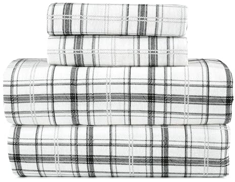 Lodge & Linen Flannel Sheets Queen Size Rich Cotton -High GSM Flannel Bed Sheet Deep Pockets - Warm & Cozy Flannel Sheet Set for All Seasons (Plaid Black)