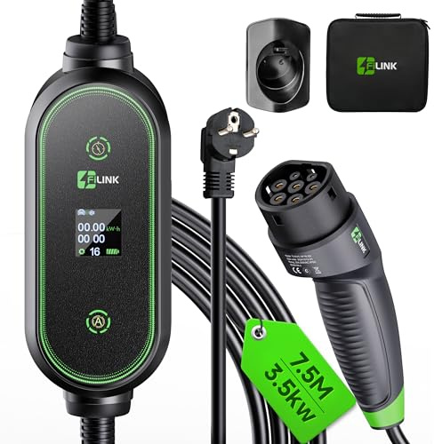 FILINK Cargador Coche electrico, Cable Cargador vehiculo electrico Tipo 2 Portátil, 6/8/10/13/16A Corriente conmutable, Carga Temporizada, Impermeable IP66 con Pantalla Digital LED y Cable de 7.5M