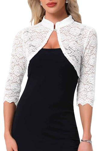 Allegra K Bolero Elegante de Encaje para Mujer, Cárdigan Encaje Floral Transparente con Mangas 3/4 Cuello Abotonado Blanco XS