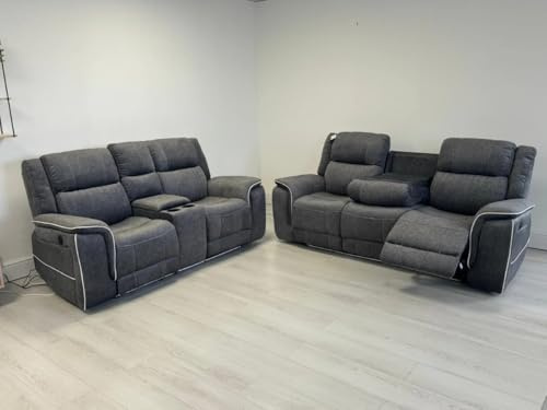 Hannah Electric Recliner 3+2 Sofa Set With Cupholders – 3+2 Seater – Soft Grey Micro Fabric – LED Lights & USB Ports (3+2 Seater)