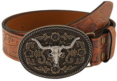 XFSRG Gürtel Herren Damen Western Stil Mit Stierkopf Schnalle Vintage Taillengürtel Für Freizeit Und Alltag (120cm)