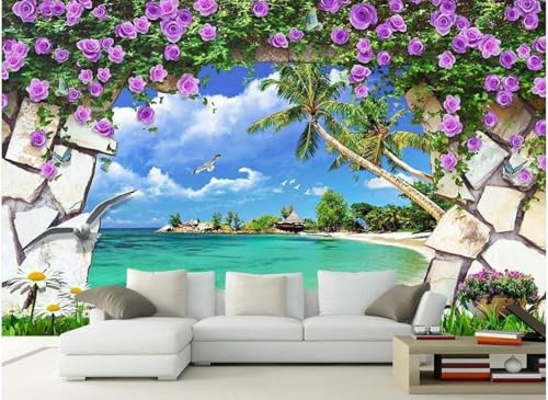 XLMING Fraîche Et Belle Fleur Bleu Ciel Plage Violette 3D Papier Peint Texture Soyeuse Intissé Salle à Manger Bureau D'étude Canapé Chambre Salon TV Mur-430cm×300cm