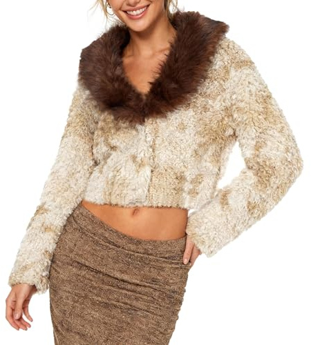 Amazhiyu Women's Faux Fur Cropped Coat Winter Outerwear Lapel Long Sleeve Jacket Apricot, Large
