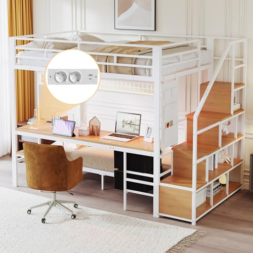 Fppuueg Literas Juveniles 90x200 cm & 140x200 cm con Escritorio y Enchufes, Cama Alta con LED y Escaleras de Almacenamiento, Litera Infantil, Cama de Hierro, Litera Matrimonio, Blanco, Sin Colchón