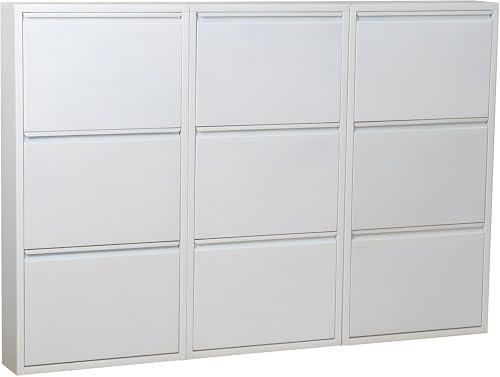 Dynamic24 ebuy24 Pisa mit 9 Klappen/Türen in Metall Weiss. Fertig montiert geliefert. – Schuhschrank – B152 x H106 x T16 cm – Farbe Weiß – Klappbar/faltbar – modern – für Flur & Eingangsbereich