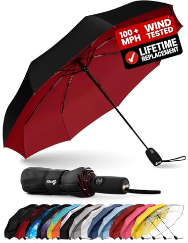 Windproof Travel Umbrella - Compact & Withstands Winds up to 85MPH, Strongest Premium Auto Folding Umbrella for Rain and Sun - Durable, Light & Portable for Women & Men, Fits Backpack & Cars