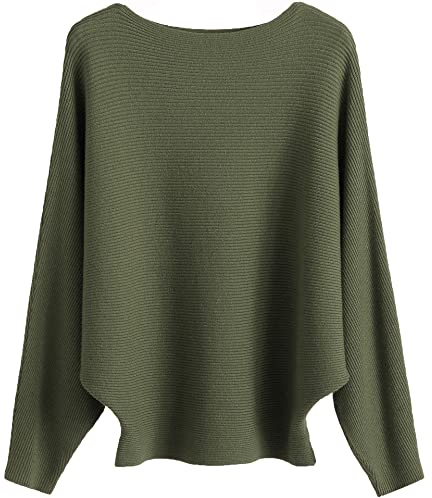 Ckikiou Womens Lightweight Oversized Boat Neck Sweaters Tops Dolman Batwing Sleeve Ribbed Knitted Pullovers