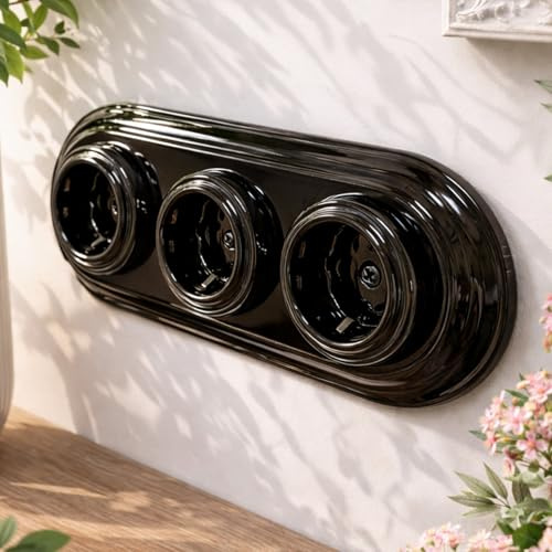 Unterputz Porzellan Retro Steckdose 3-fach, All-in-One, Serie PR1 schwarz
