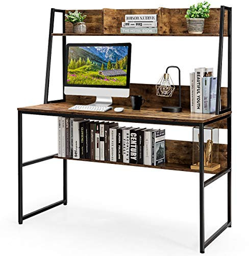 LIFEZEAL Scrivania con appoggio, scrivania per computer con ripiani, tavolo da lavoro multifunzione con libreria, tavoli da ufficio in legno, per studio e camera da letto, 120 x 57 x 140 cm (caffè)