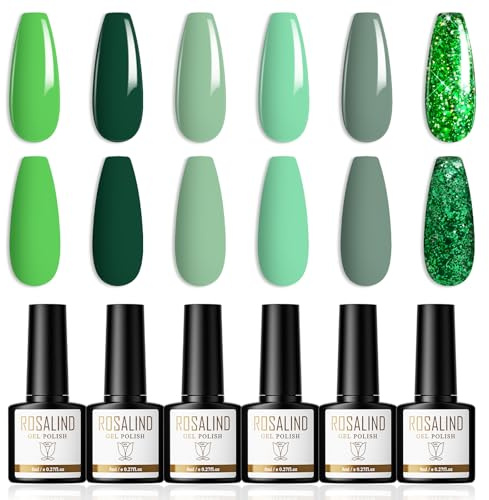 ROSALIND Gel Nagellack Dunkelgrün Hellgrün Glitzer UV Nagellack 6 Farben Shellac Gellack Soak Off UV/LED Nail Polish Set Geeignet für Heimnagel DIY, Nagelstudio