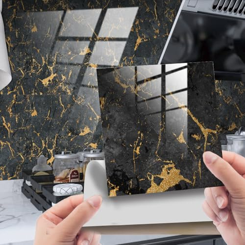 Stickers Muraux Cuisine Marbre D'Or Noir Credence Adhesive pour Cuisine Imperméable Stickers Carrelage Meubles Décoration Carrelage Adhesif Mural Salle de Bain 30x30cm (10 Pièces)
