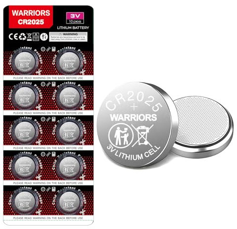 Warriors 10X Pilas CR2025 Pila 2025 3V Litio Botón, Embalaje a Prueba de niños, para Dispositivos Electrónicos, Llaves de Coche