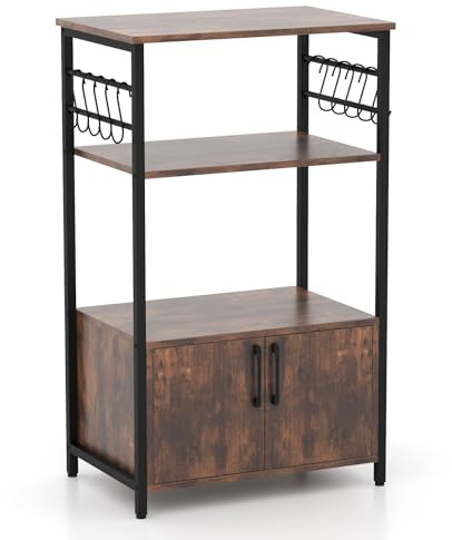 TANGZON Kitchen Baker's Rack, 3-Tier Microwave Oven Stand with Cabinet & S-Hooks, Metal Frame Freestanding Utility Storage Shelves Unit for Dining Living Room, Rustic Brown