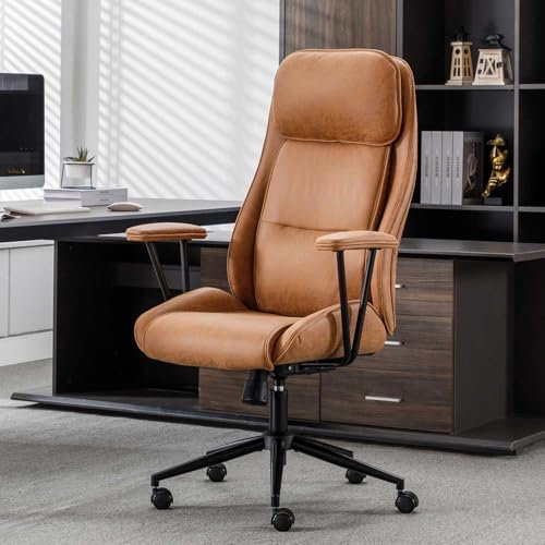 UEV Bürostuhl Ergonomisch Schreibtischstuhl Chefsessel mit Kopfstütze abnehmbare Armlehne drehbar Wippfunktion Höhenverstellbar Verdickte Rückenlehne und Sitzkissen Bis 150 kg Montagefreundliche braun