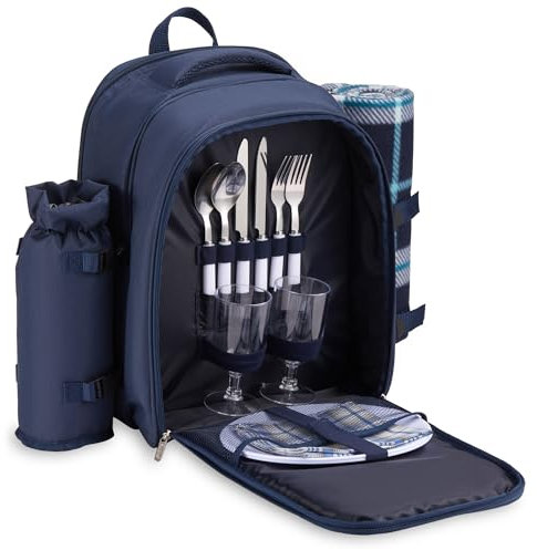 VonShef Picnic Backpack, 2 Person Navy Picnic Bag with Full Dining & Cutlery Set, Insulated Cooler Compartment & Large Waterproof Blanket, Lightweight Water Resistant Camping Accessories