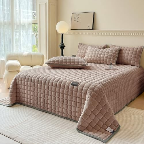 SHANNA Extra Grande Couette Couvre-lit: Velours de Lait 3 Pièces Couvre-lit 230 X 250 cm avec Taies d'oreiller 50 X 70 cm Double Lit Élégant Doublé et Matelassé pour Le Salon (Couleur Café)