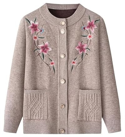 KIJSKKOPO Middle-Aged and Elderly Thin Fleece Lined Knitted Cardigan, Blue Crew Neck Buttons Floral Embroidery Knit Coat with Pocket Old Lady Grandma Winter Warm Knitwear Jackets Camel M