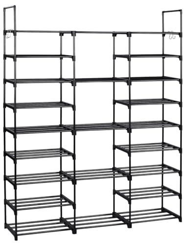 T-LOVENDO.ES Zapatero Grande y Estrecho Entrada recibidor. Mueble Organizador de Zapatos Armario estantería 157x31x127cm. 9 Niveles. Tubos de Hierro. Ganchos Laterales. hasta 50 Pares. Negro