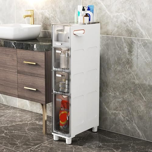 MEWVABKW Lagerschrank 5-stufiger schmaler Lagerschrank, schmaler Toiletten-Lagerschrank-Lagerturm mit durchsichtigen Schubladen und Rollen, Stabiler schmaler Kommodenturm für Badezimmer, Schlafzimme