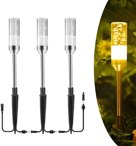 ECOWHO Garden Path Lamps 3 Packs with 3m Wiring Cable Spike Lights Without Adapter, Only Extension Landscape Lights Warm White Pathway Lighting (No Plug)