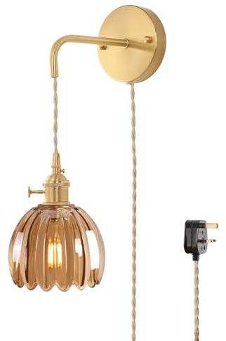 Shenmoyl Plug in Wall Light Indoor, Hanging Wall Lamp with Adjustable Plug in Cord, Vintage Wall Sconce Decor for Bedside Living Room Bedroom Bathroom, Tulip Amber