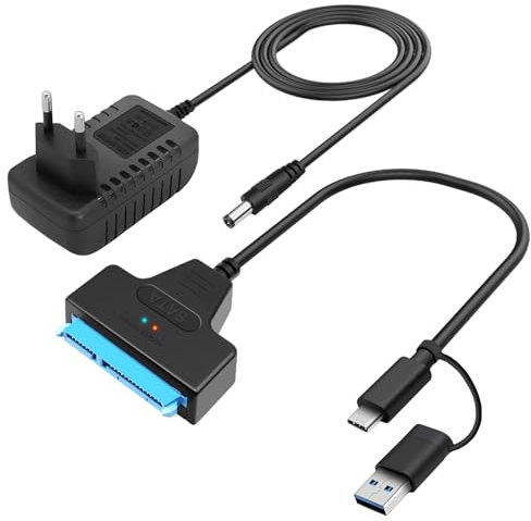 Hoembpn Cable SATA a USB 3.0 Adaptador SSD/HDD 2,5/3,5 Disco Duro Externo e Interno Convertidor 5Gbps con 12V/2A Adaptador de Cable Alimentacion Compatible con Windows, Mac y Linux